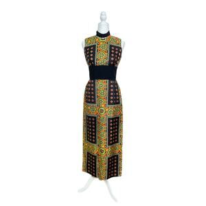 Vintage 60s 70s Black & Orange Printed High Slit Hostess Maxi Dress Size 9/10